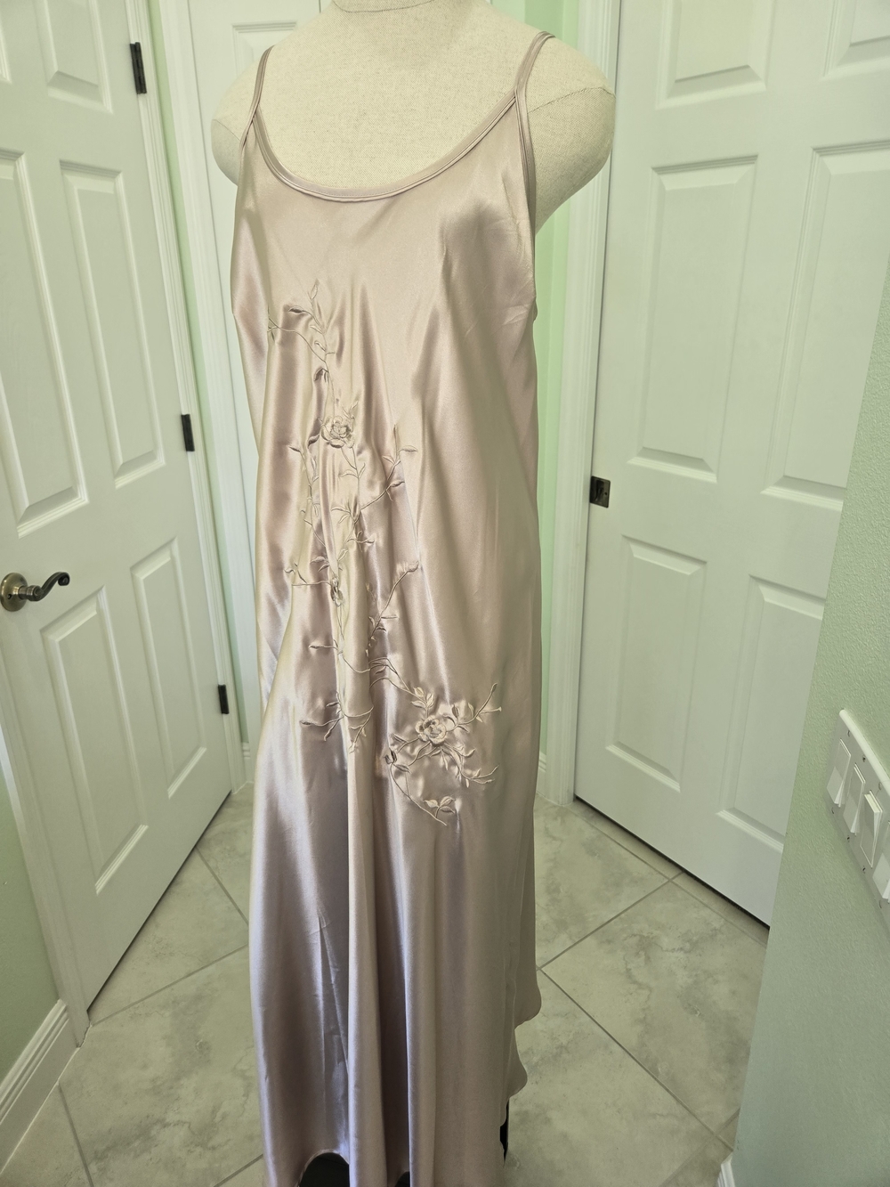 Cabernet Teal Floral Satin Robe with Beige Blush Slip Dress Nightgown Nap Dress - Picture 4 of 12
